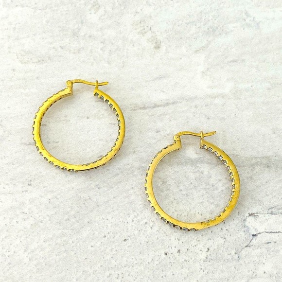 Inside Out CZ Hoop Earrings Gold over Sterling Silver 1.25" 2mm Light n Elegant - Picture 4 of 5